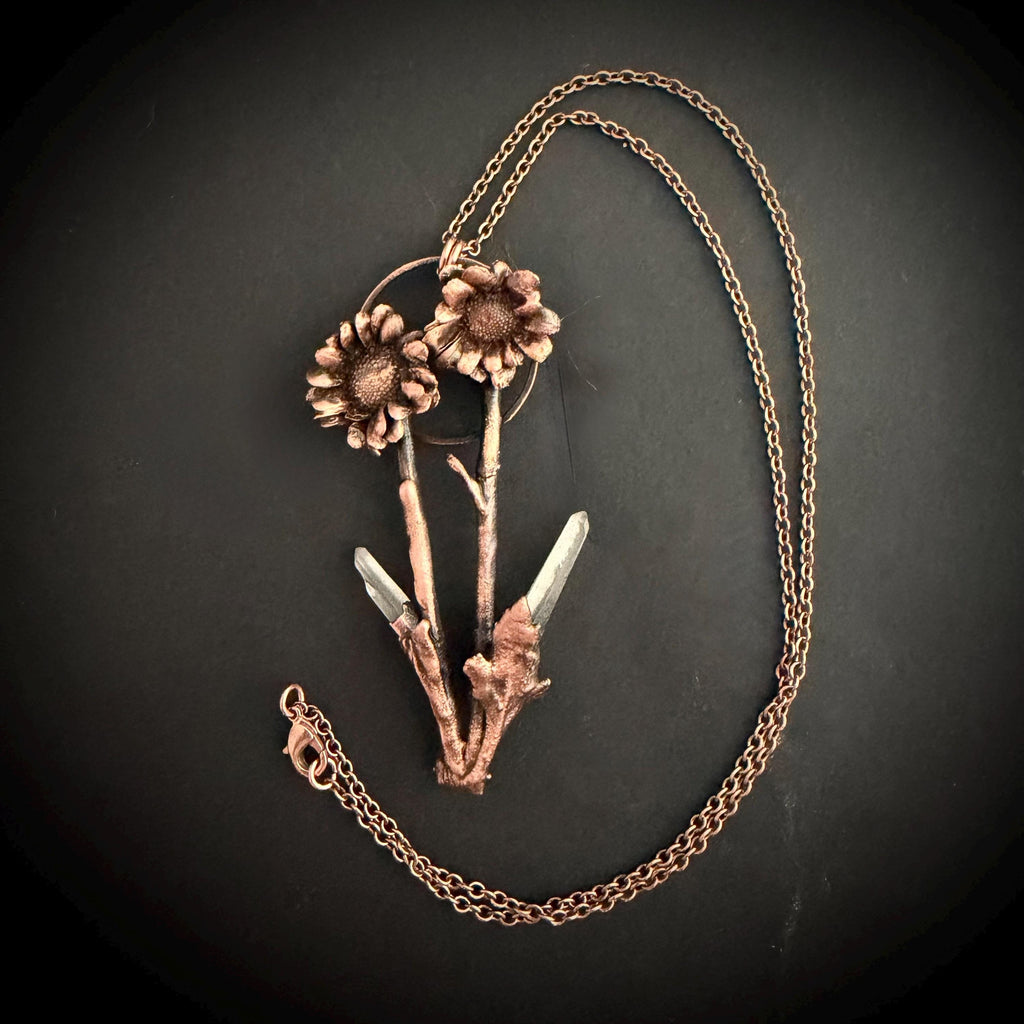 Real Flower Bouquet Necklace with Lemurian Quartz | Electroformed Copper Botanical Pendant | Handmade Crystal Jewelry