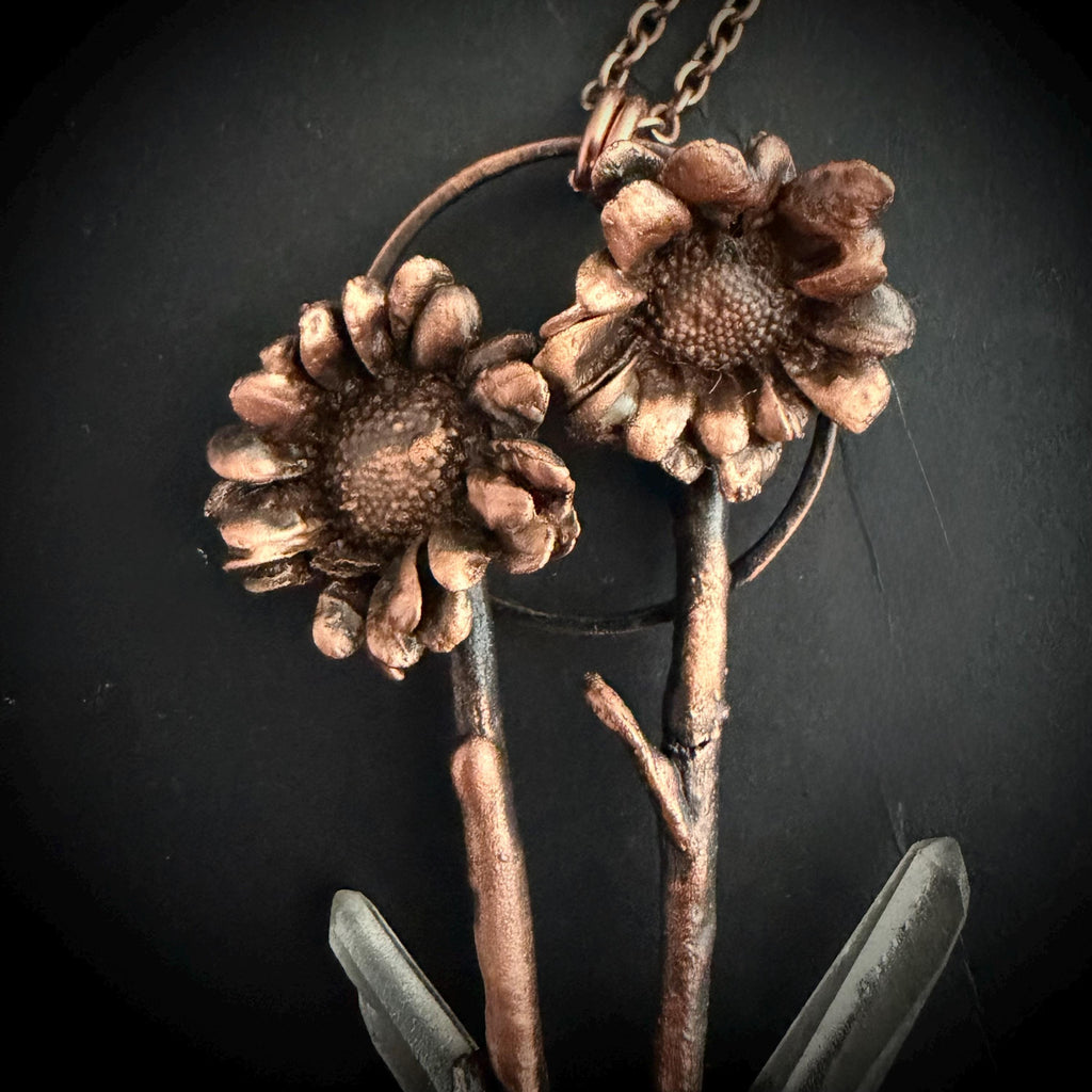 Real Flower Bouquet Necklace with Lemurian Quartz | Electroformed Copper Botanical Pendant | Handmade Crystal Jewelry