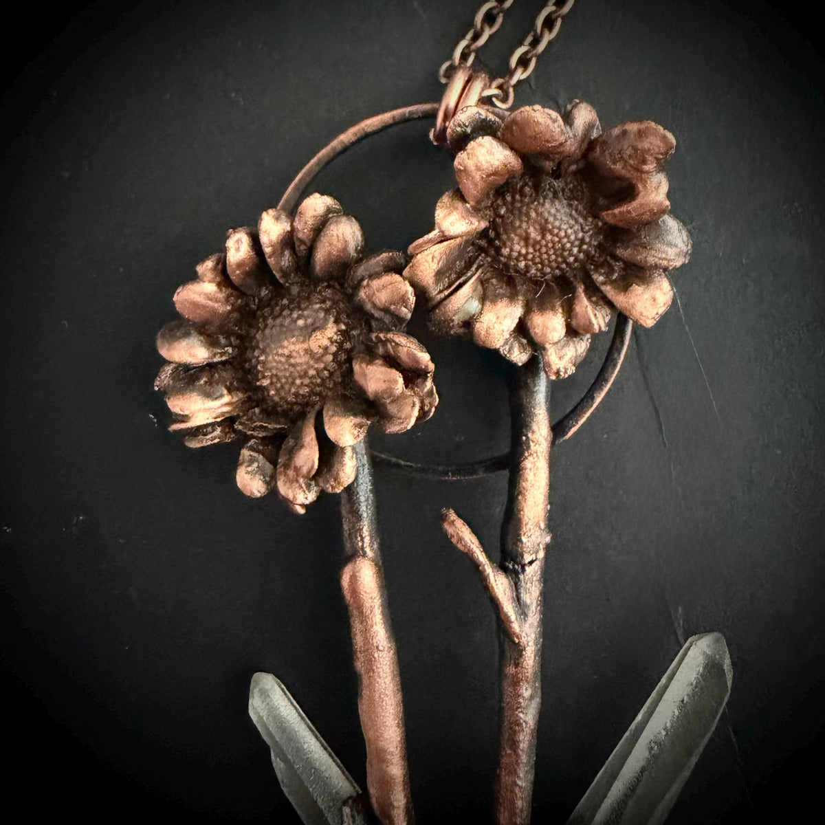 Real Flower Bouquet Necklace with Lemurian Quartz | Electroformed Copper Botanical Pendant | Handmade Crystal Jewelry