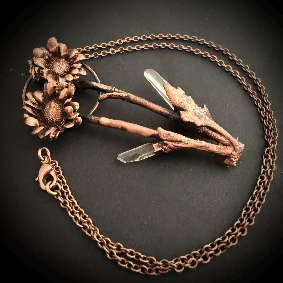 Real Flower Bouquet Necklace with Lemurian Quartz | Electroformed Copper Botanical Pendant | Handmade Crystal Jewelry