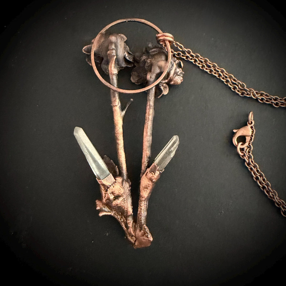 Real Flower Bouquet Necklace with Lemurian Quartz | Electroformed Copper Botanical Pendant | Handmade Crystal Jewelry