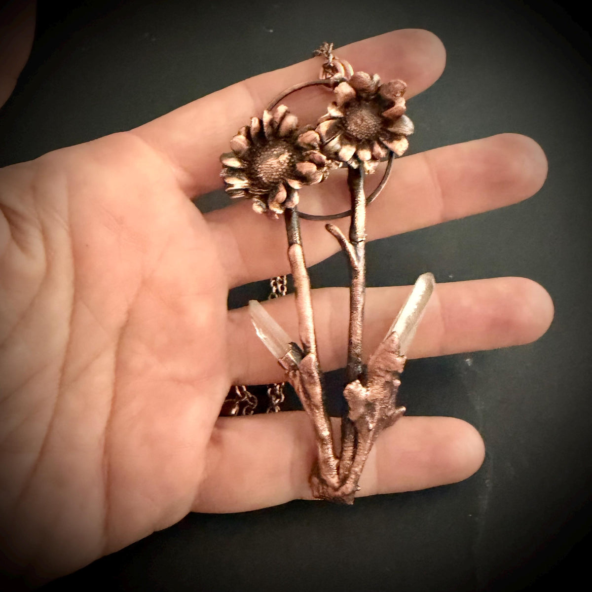 Real Flower Bouquet Necklace with Lemurian Quartz | Electroformed Copper Botanical Pendant | Handmade Crystal Jewelry