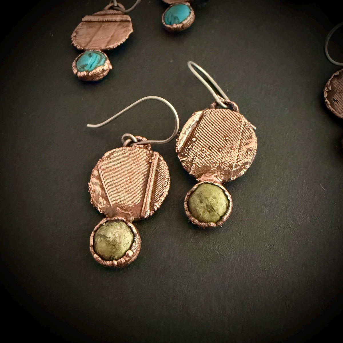 Real Feather Earrings with Gemstone | Electroformed Copper Disc Dangle Earrings | Handmade Boho Nature Jewelry