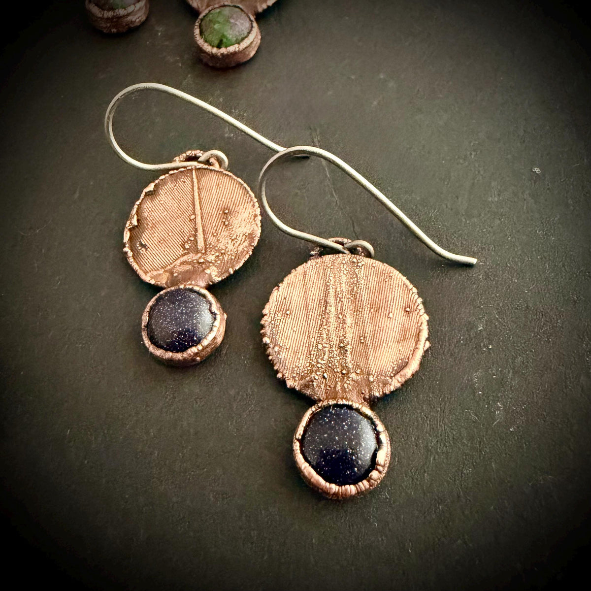 Real Feather Earrings with Gemstone | Electroformed Copper Disc Dangle Earrings | Handmade Boho Nature Jewelry
