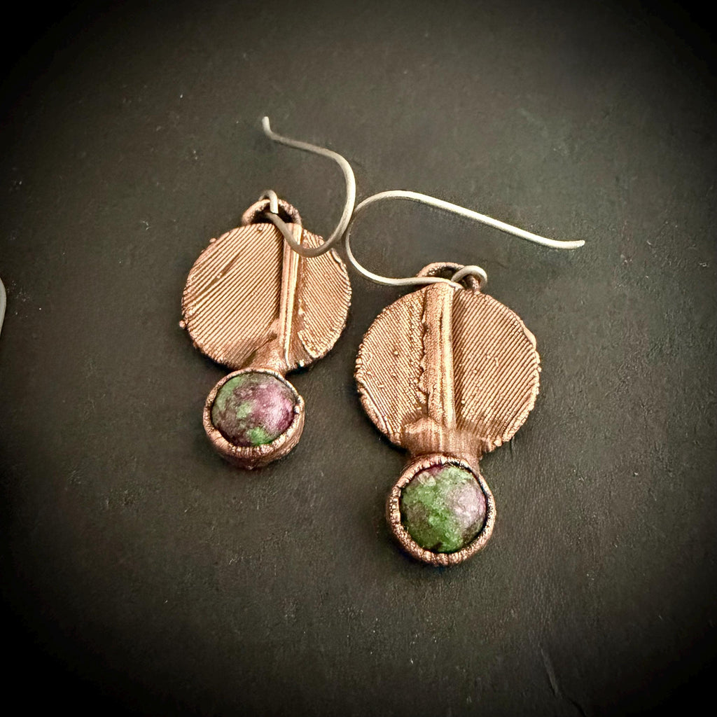 Real Feather Earrings with Gemstone | Electroformed Copper Disc Dangle Earrings | Handmade Boho Nature Jewelry