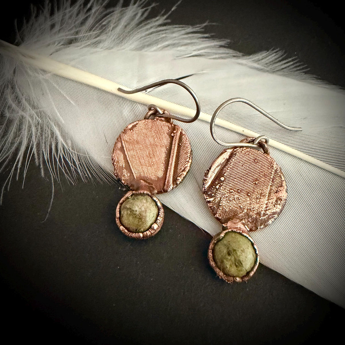 Real Feather Earrings with Gemstone | Electroformed Copper Disc Dangle Earrings | Handmade Boho Nature Jewelry