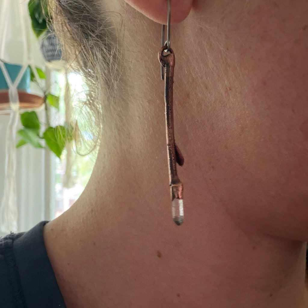 Twig Earrings with Raw Quartz | Real Branch Electroformed Copper Dangle Earrings | Handmade Boho Nature Jewelry