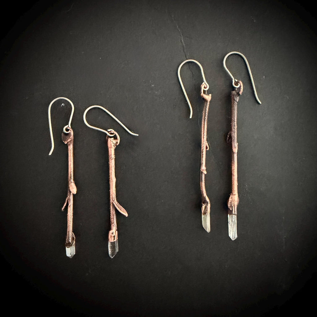 Twig Earrings with Raw Quartz | Real Branch Electroformed Copper Dangle Earrings | Handmade Boho Nature Jewelry