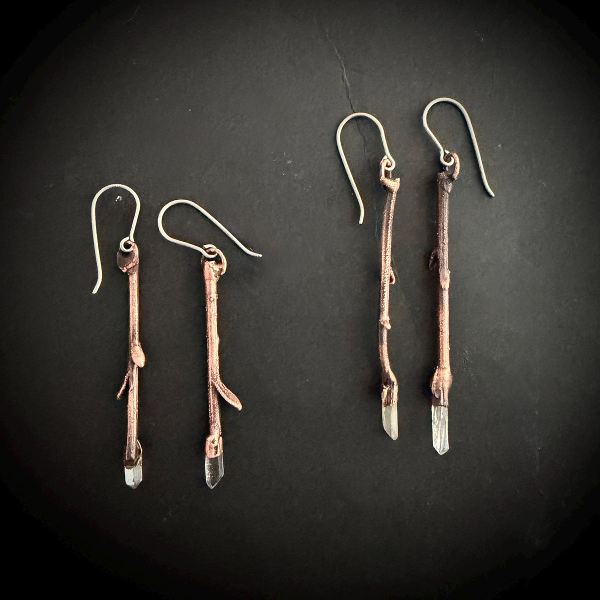 Twig Earrings with Raw Quartz | Real Branch Electroformed Copper Dangle Earrings | Handmade Boho Nature Jewelry