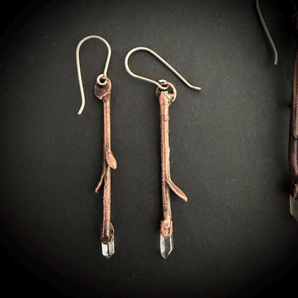 Twig Earrings with Raw Quartz | Real Branch Electroformed Copper Dangle Earrings | Handmade Boho Nature Jewelry