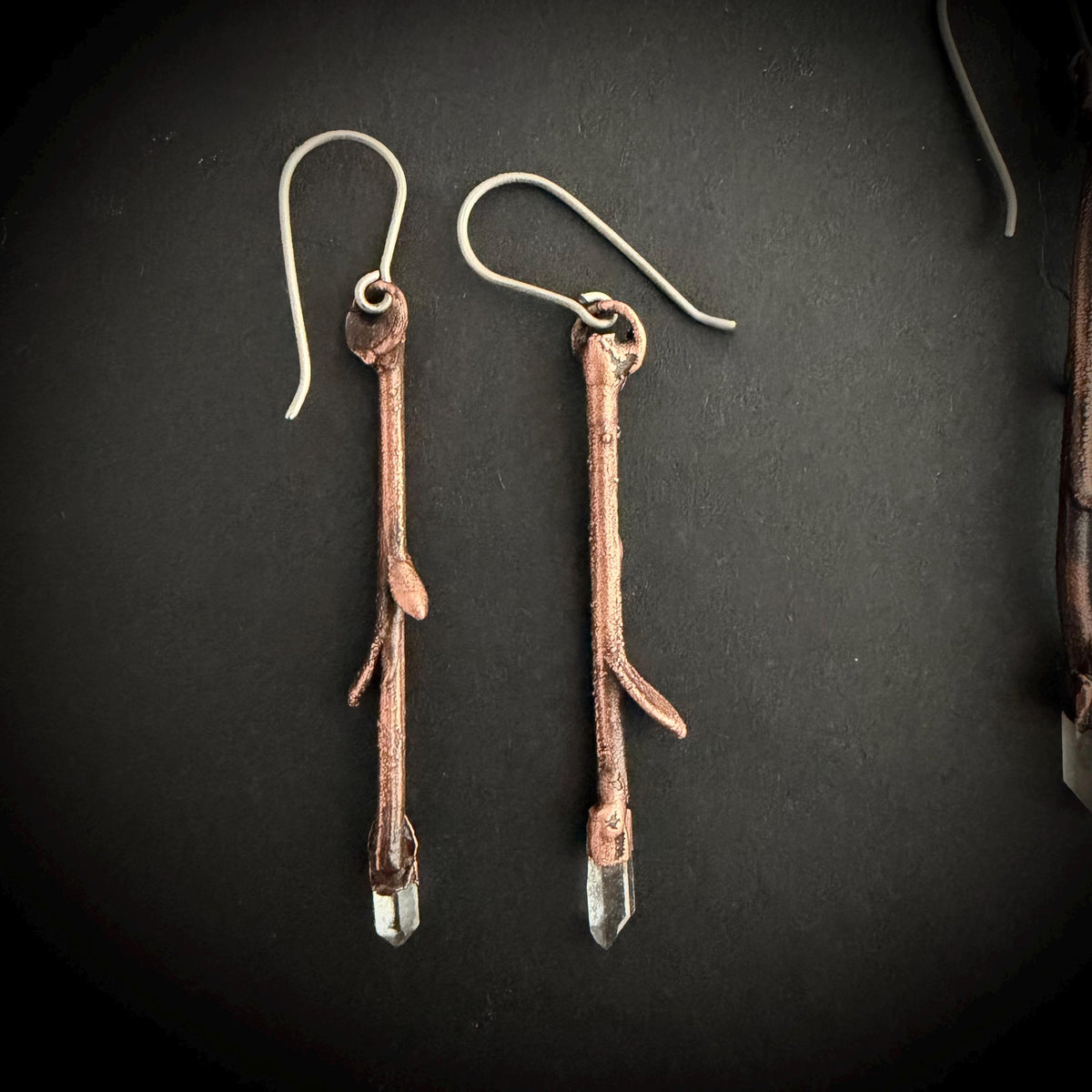 Twig Earrings with Raw Quartz | Real Branch Electroformed Copper Dangle Earrings | Handmade Boho Nature Jewelry