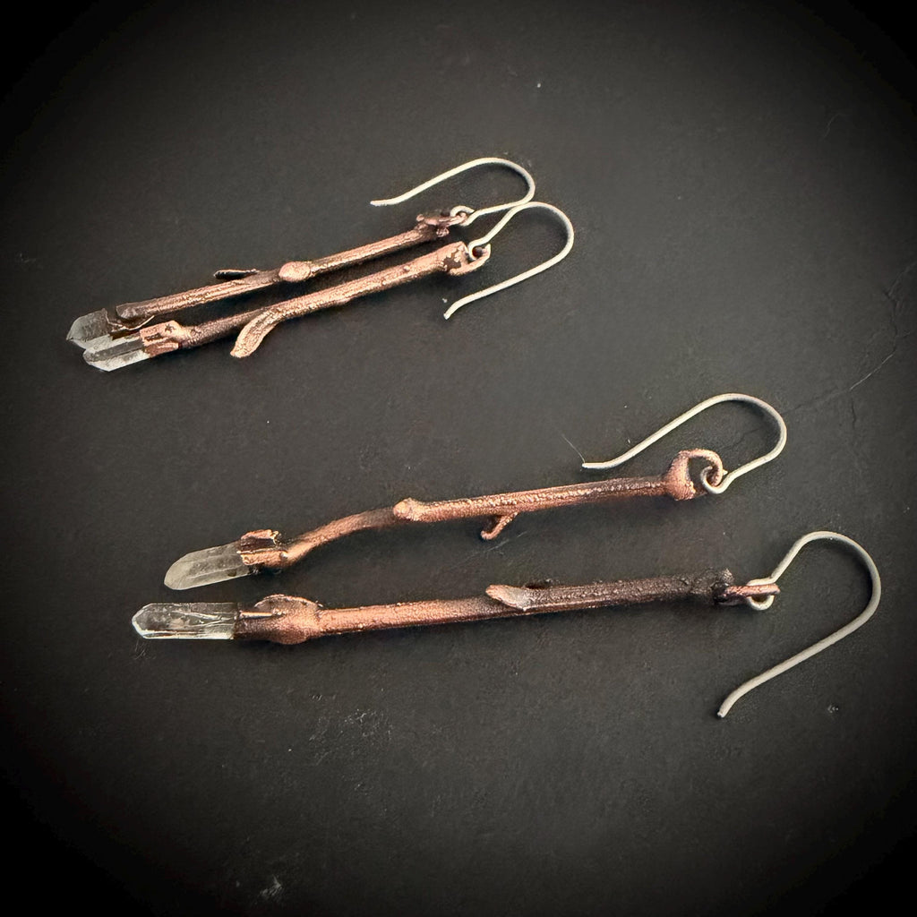 Twig Earrings with Raw Quartz | Real Branch Electroformed Copper Dangle Earrings | Handmade Boho Nature Jewelry