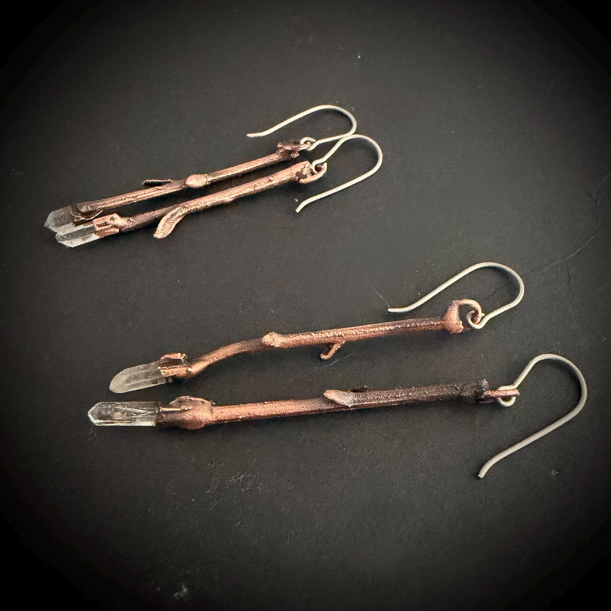 Twig Earrings with Raw Quartz | Real Branch Electroformed Copper Dangle Earrings | Handmade Boho Nature Jewelry