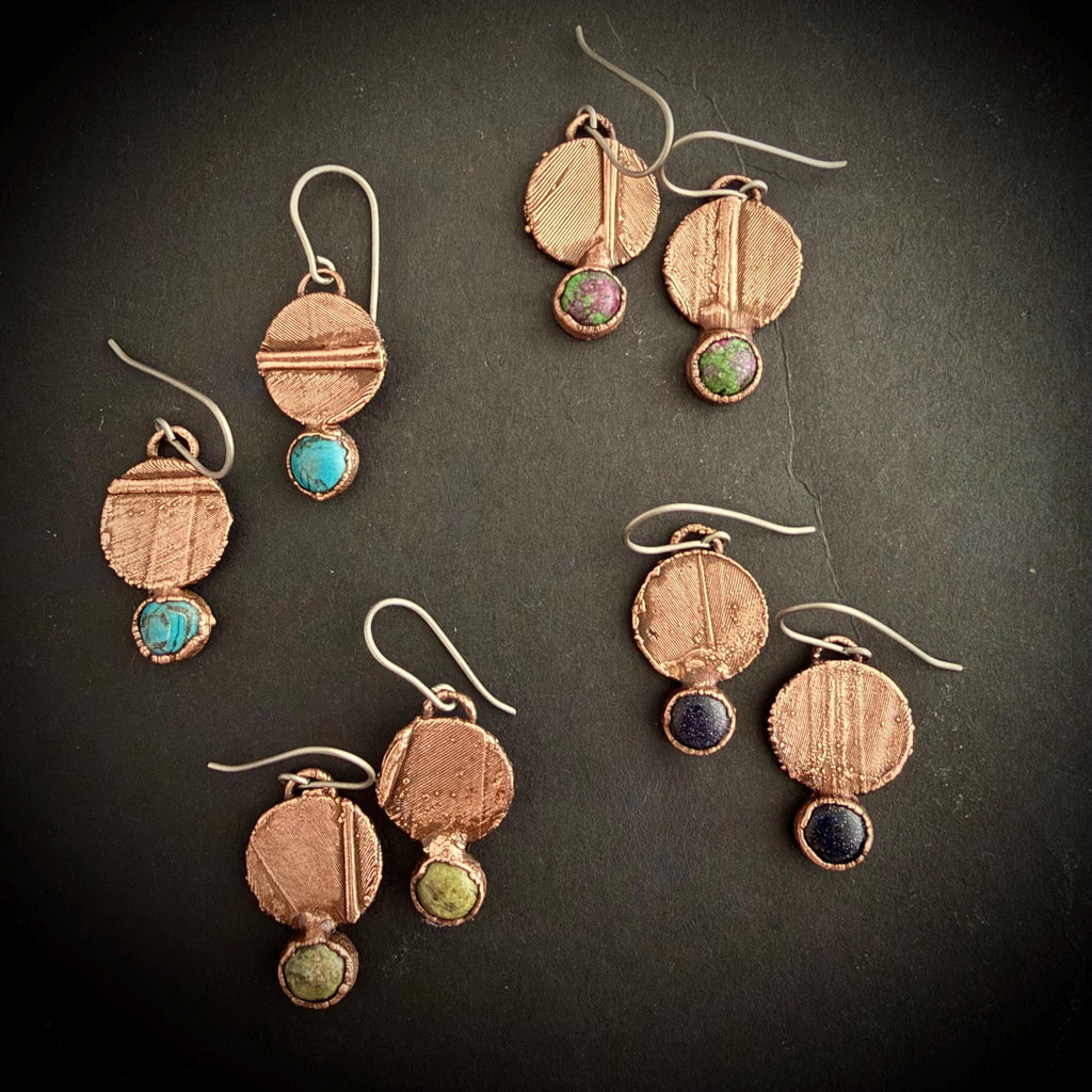 Real Feather Earrings with Gemstone | Electroformed Copper Disc Dangle Earrings | Handmade Boho Nature Jewelry