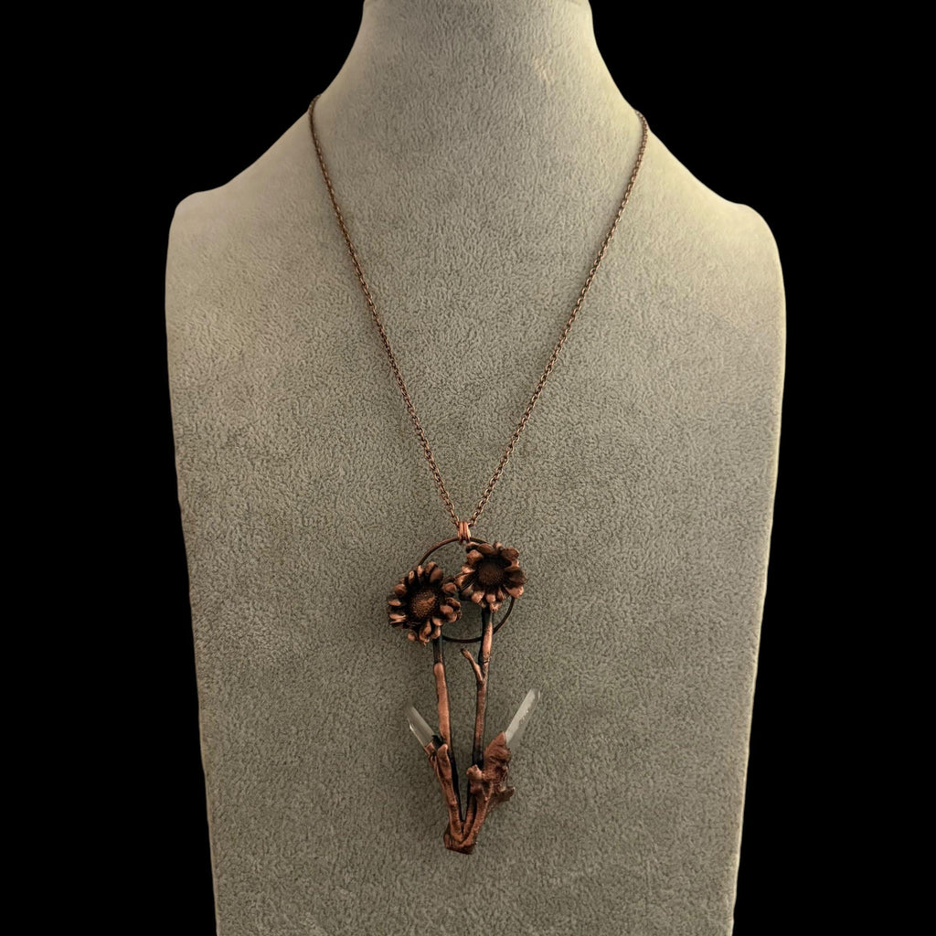 Real Flower Bouquet Necklace with Lemurian Quartz | Electroformed Copper Botanical Pendant | Handmade Crystal Jewelry
