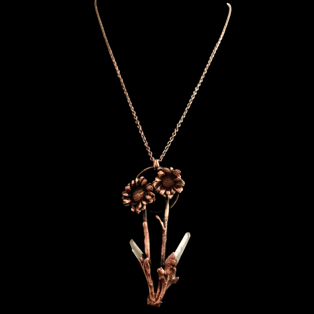 Real Flower Bouquet Necklace with Lemurian Quartz | Electroformed Copper Botanical Pendant | Handmade Crystal Jewelry