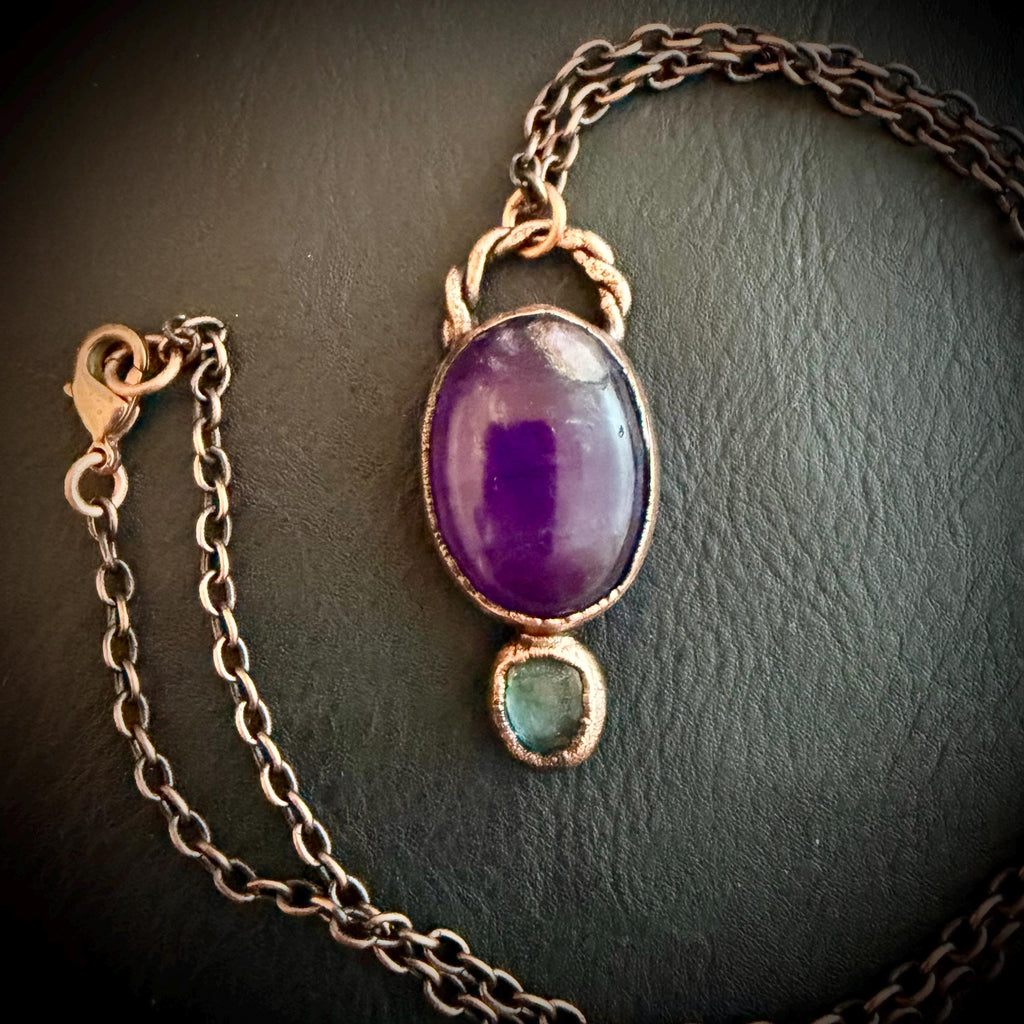 Amethyst & Labradorite Necklace | Electroformed Copper Pendant | Handmade Crystal Jewelry | Boho Healing Gemstone Necklace