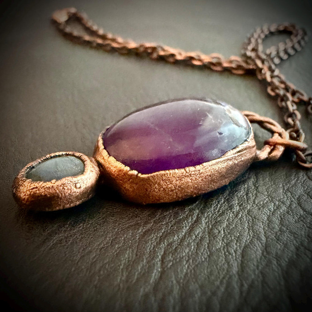 Amethyst & Labradorite Necklace | Electroformed Copper Pendant | Handmade Crystal Jewelry | Boho Healing Gemstone Necklace