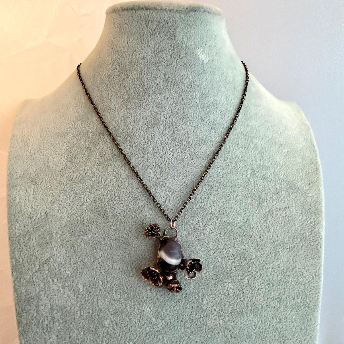 Chevron Amethyst Botanical Necklace | Real Flowers Electroformed in Copper | Handmade Crystal Jewelry | Boho Nature Necklace