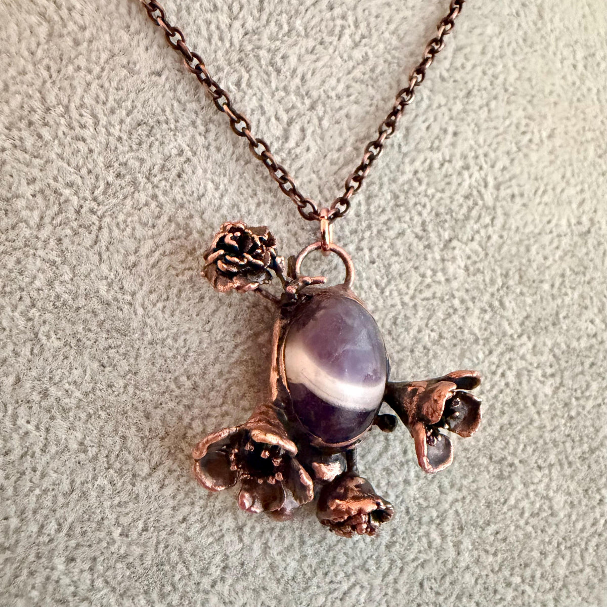 Chevron Amethyst Botanical Necklace | Real Flowers Electroformed in Copper | Handmade Crystal Jewelry | Boho Nature Necklace