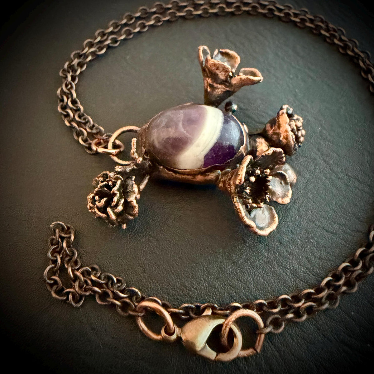 Chevron Amethyst Botanical Necklace | Real Flowers Electroformed in Copper | Handmade Crystal Jewelry | Boho Nature Necklace