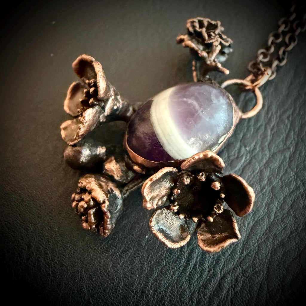 Chevron Amethyst Botanical Necklace | Real Flowers Electroformed in Copper | Handmade Crystal Jewelry | Boho Nature Necklace