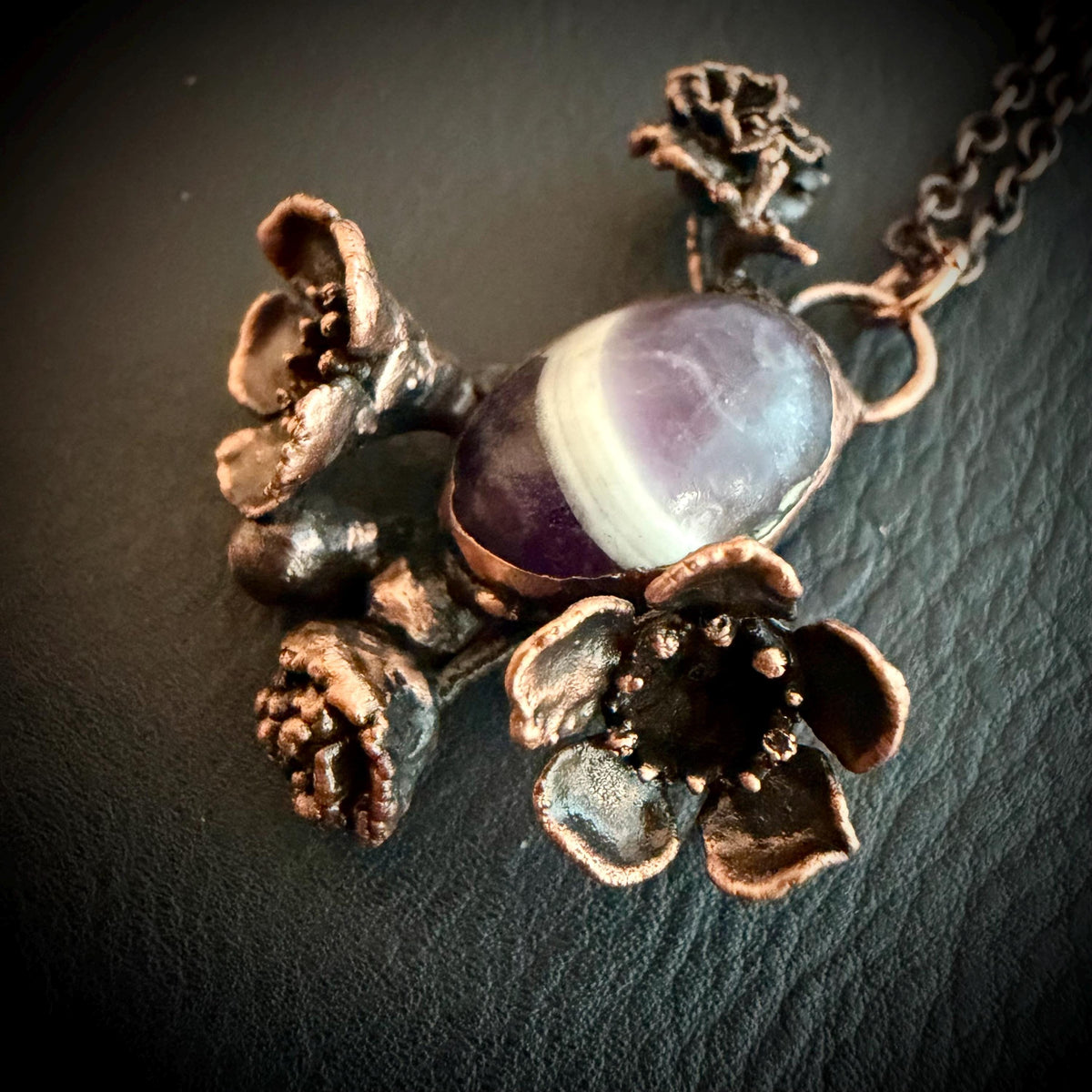Chevron Amethyst Botanical Necklace | Real Flowers Electroformed in Copper | Handmade Crystal Jewelry | Boho Nature Necklace