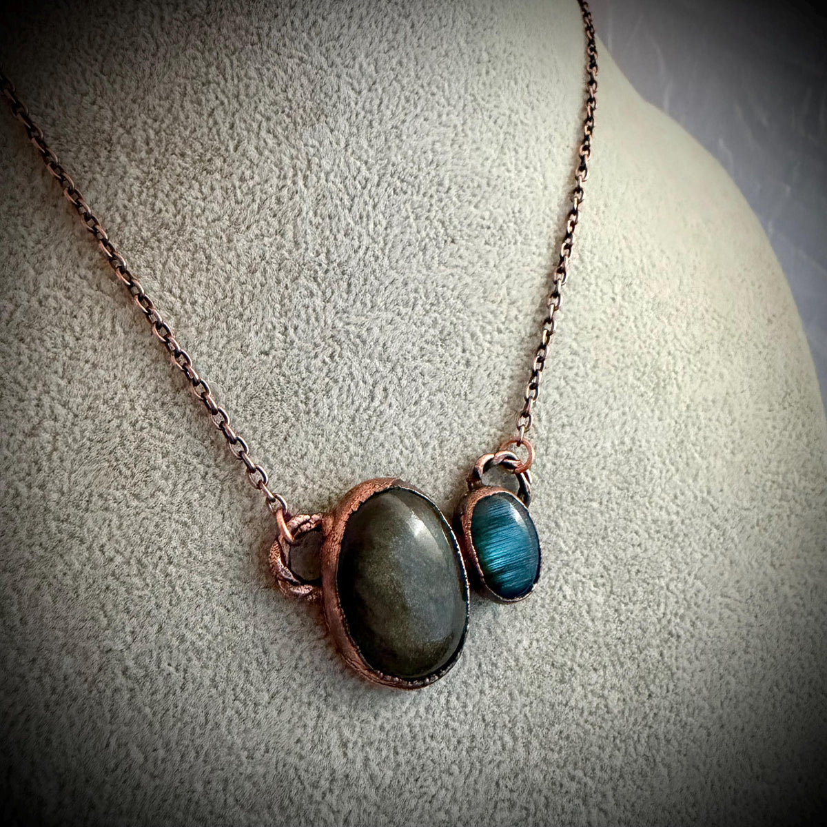 Golden Sheen Obsidian & Labradorite Copper Necklace | Electroformed Pendant | Handmade Crystal Jewelry | Boho Gemstone Necklace
