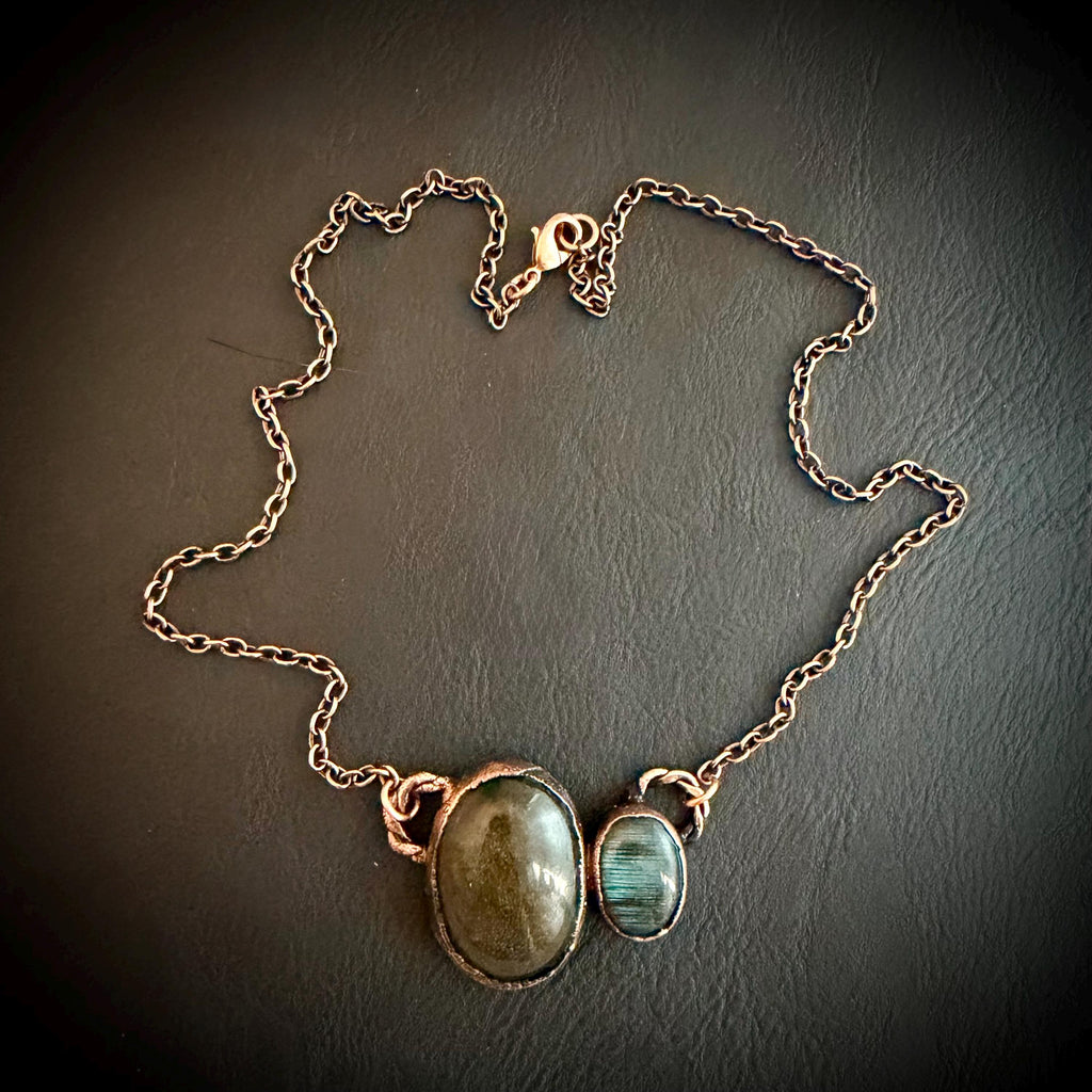 Golden Sheen Obsidian & Labradorite Copper Necklace | Electroformed Pendant | Handmade Crystal Jewelry | Boho Gemstone Necklace