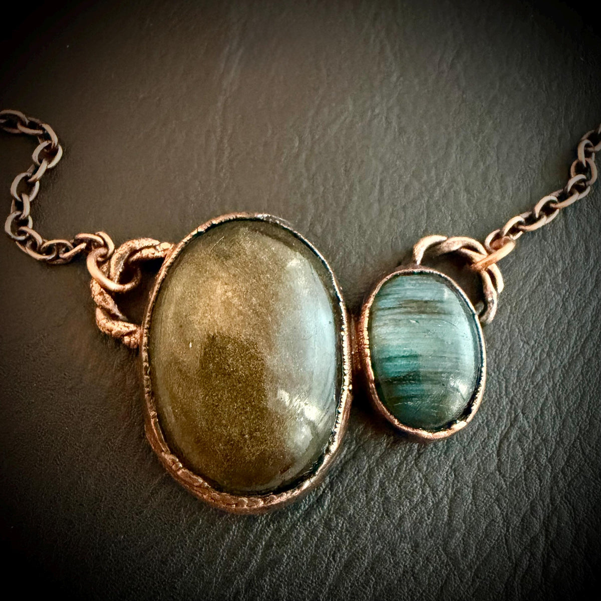Golden Sheen Obsidian & Labradorite Copper Necklace | Electroformed Pendant | Handmade Crystal Jewelry | Boho Gemstone Necklace