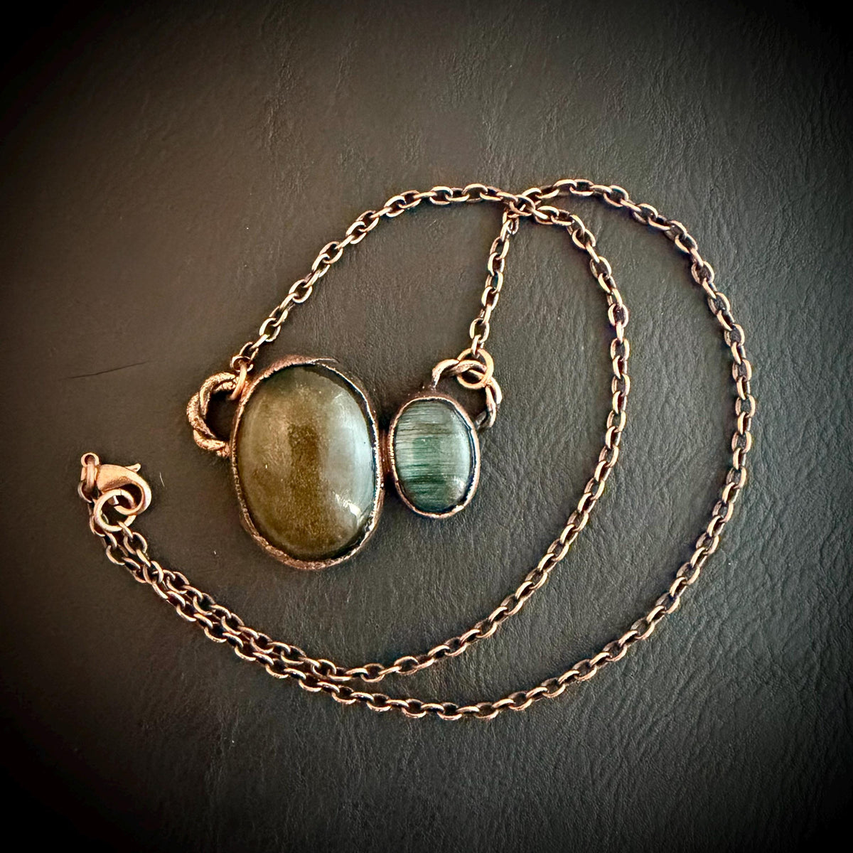 Golden Sheen Obsidian & Labradorite Copper Necklace | Electroformed Pendant | Handmade Crystal Jewelry | Boho Gemstone Necklace