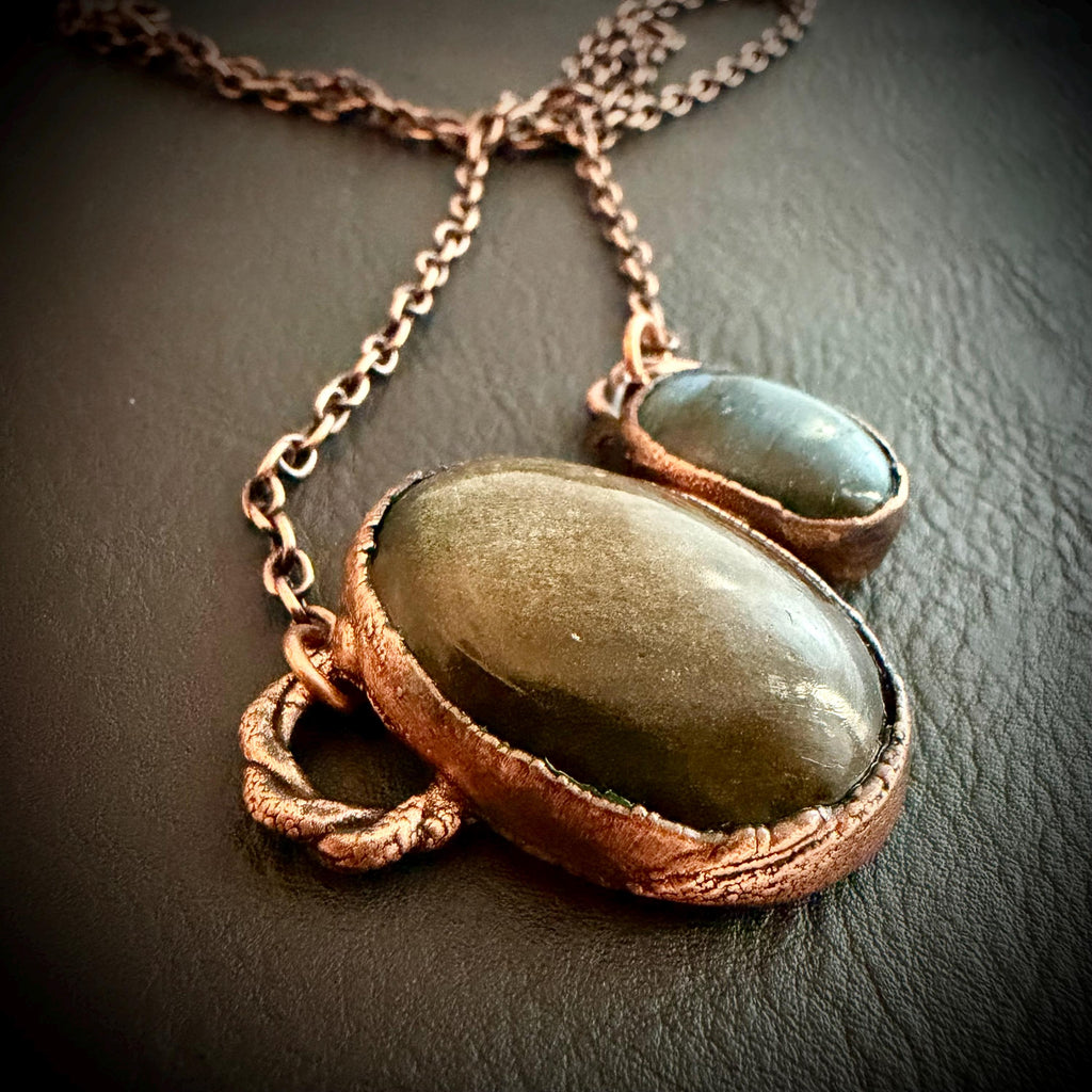 Golden Sheen Obsidian & Labradorite Copper Necklace | Electroformed Pendant | Handmade Crystal Jewelry | Boho Gemstone Necklace