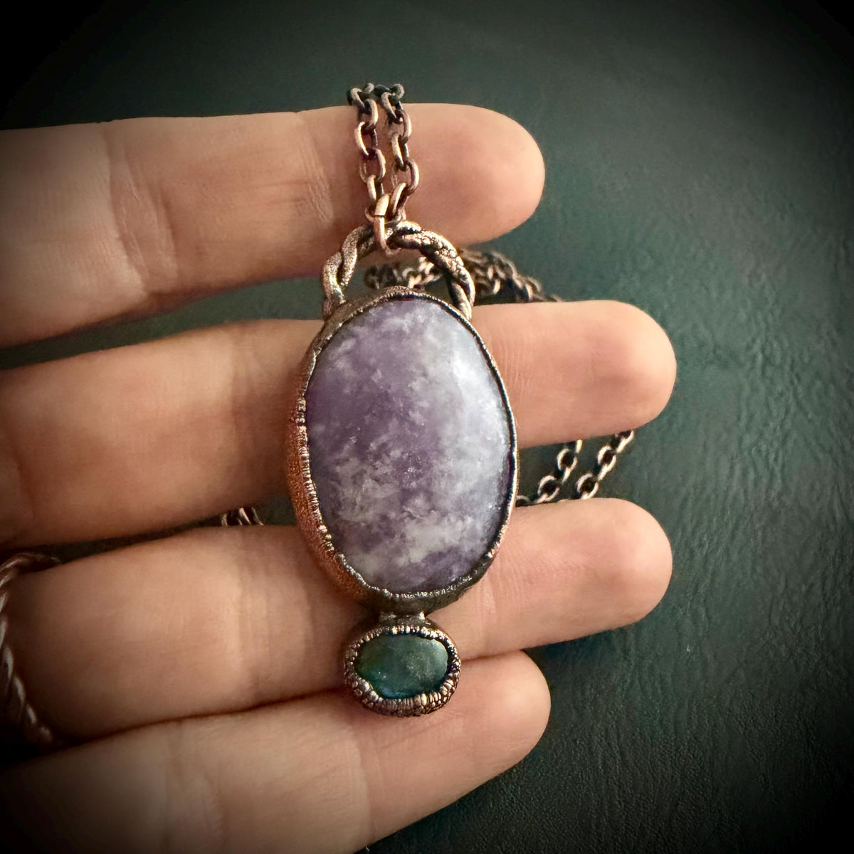 Lepidolite & Labradorite Necklace | Electroformed Copper Pendant | Handmade Crystal Jewelry | Boho Calming Gemstone Necklace