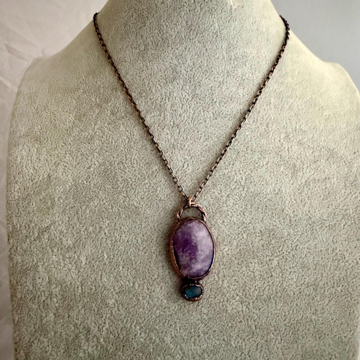 Lepidolite & Labradorite Necklace | Electroformed Copper Pendant | Handmade Crystal Jewelry | Boho Calming Gemstone Necklace