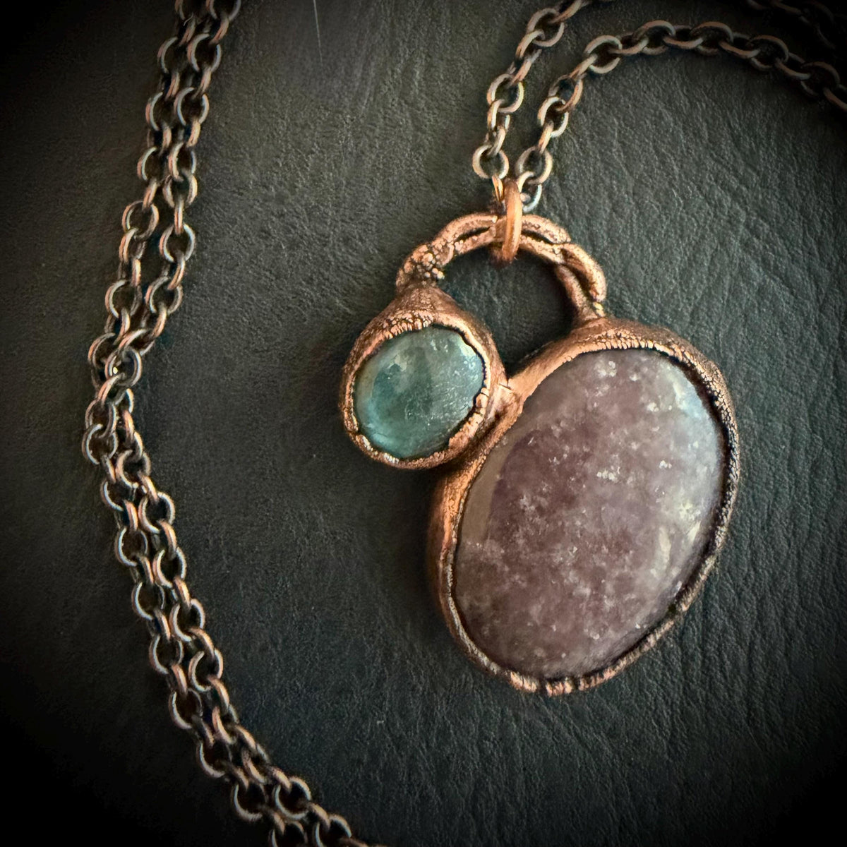 Strawberry Quartz & Labradorite Necklace | Electroformed Copper Pendant | Handmade Crystal Jewelry | Boho Pink Gemstone Necklace