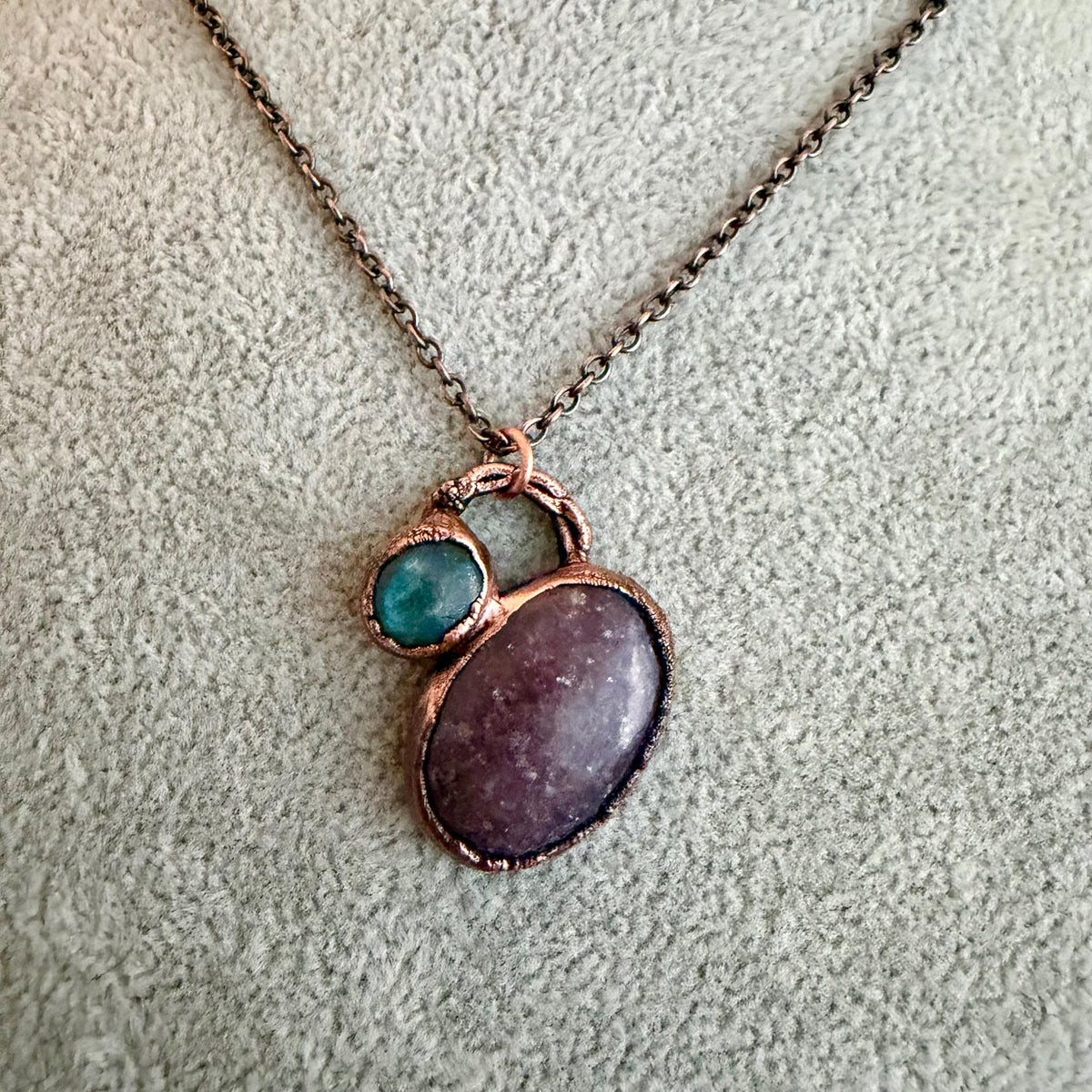 Strawberry Quartz & Labradorite Necklace | Electroformed Copper Pendant | Handmade Crystal Jewelry | Boho Pink Gemstone Necklace