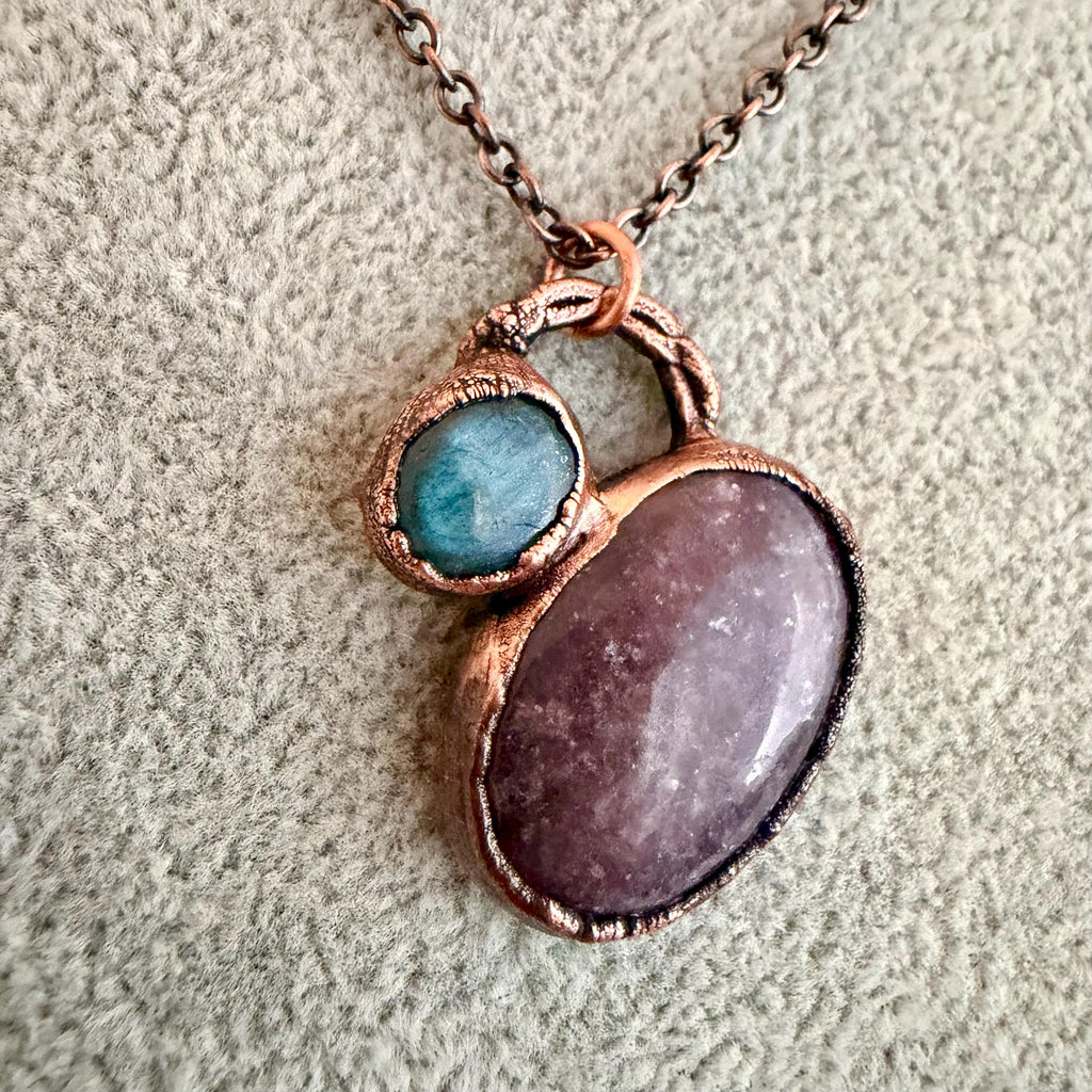 Strawberry Quartz & Labradorite Necklace | Electroformed Copper Pendant | Handmade Crystal Jewelry | Boho Pink Gemstone Necklace