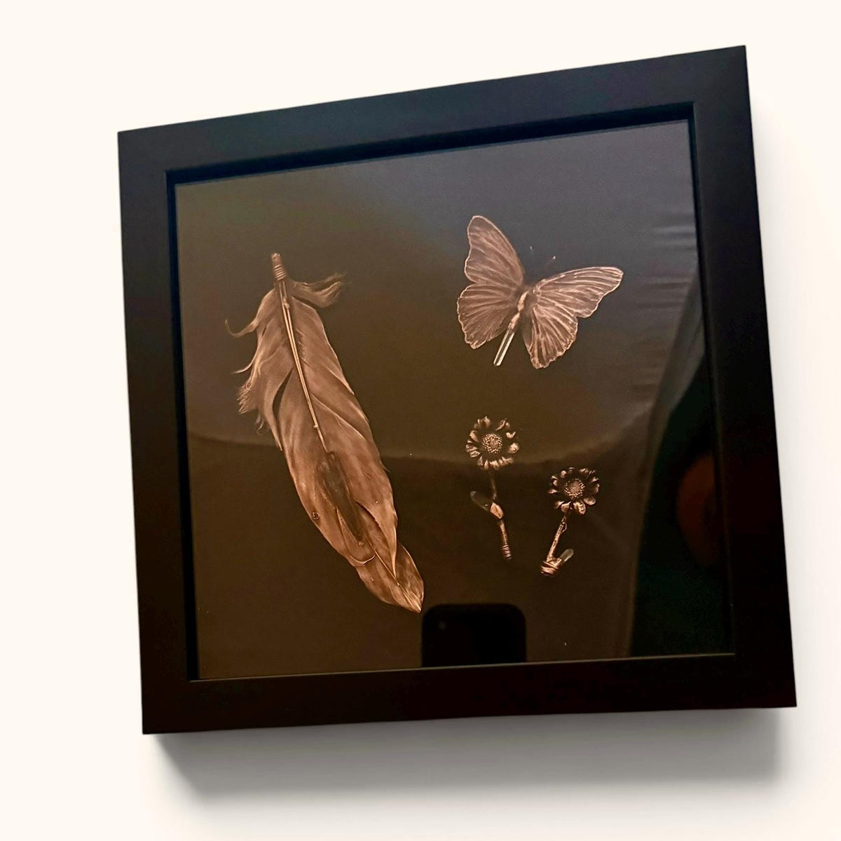 Electroformed Feather Butterfly & Wildflower Shadow Box | Real Nature Preserved in Copper | Lemurian Quartz Wall Art | Boho Gothic Decor