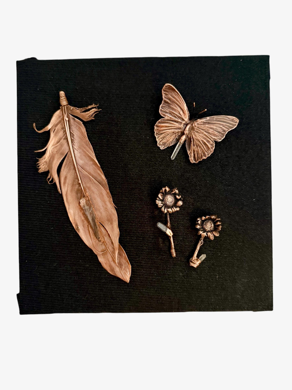 Electroformed Feather Butterfly & Wildflower Shadow Box | Real Nature Preserved in Copper | Lemurian Quartz Wall Art | Boho Gothic Decor