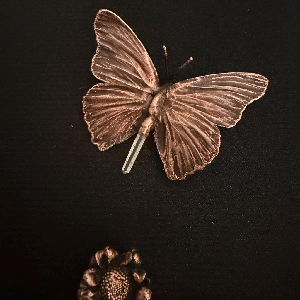 Electroformed Feather Butterfly & Wildflower Shadow Box | Real Nature Preserved in Copper | Lemurian Quartz Wall Art | Boho Gothic Decor