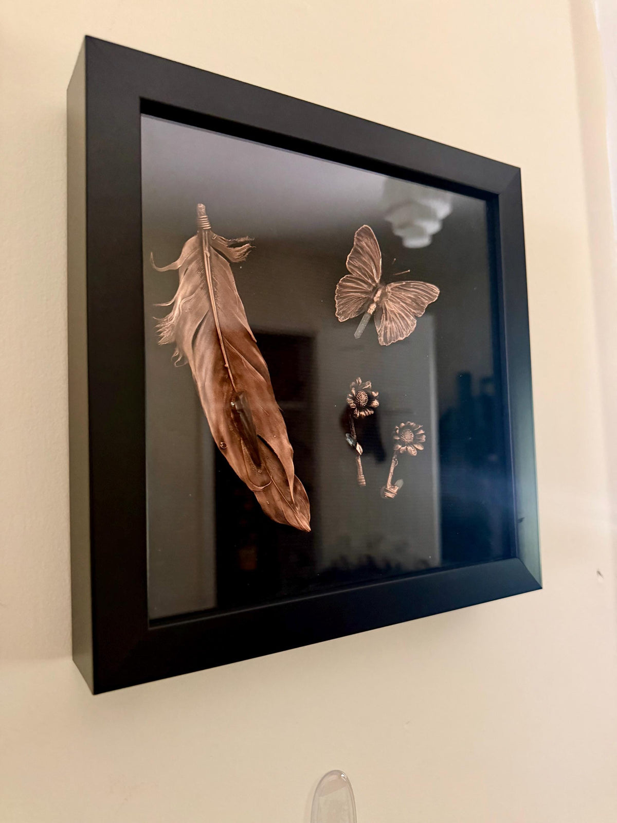 Electroformed Feather Butterfly & Wildflower Shadow Box | Real Nature Preserved in Copper | Lemurian Quartz Wall Art | Boho Gothic Decor