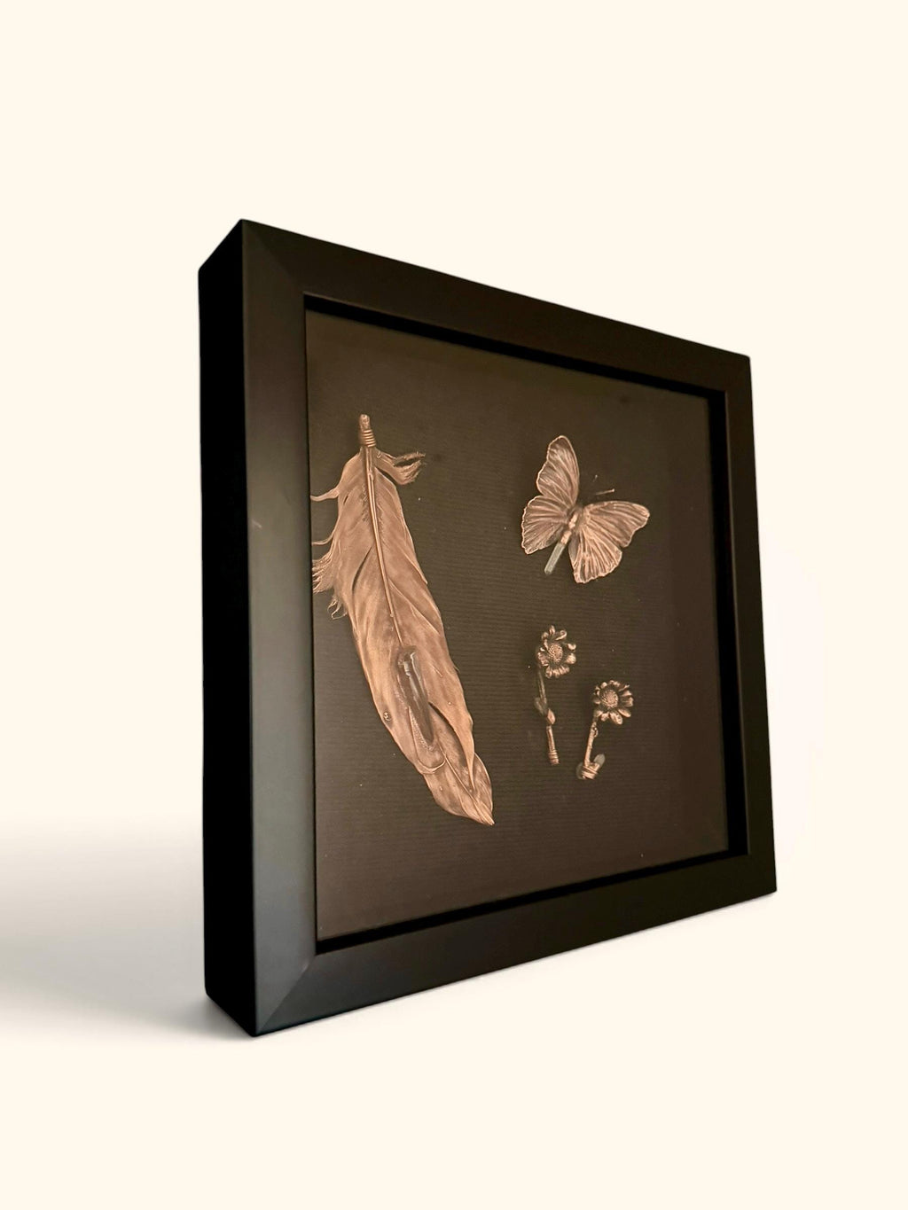 Electroformed Feather Butterfly & Wildflower Shadow Box | Real Nature Preserved in Copper | Lemurian Quartz Wall Art | Boho Gothic Decor