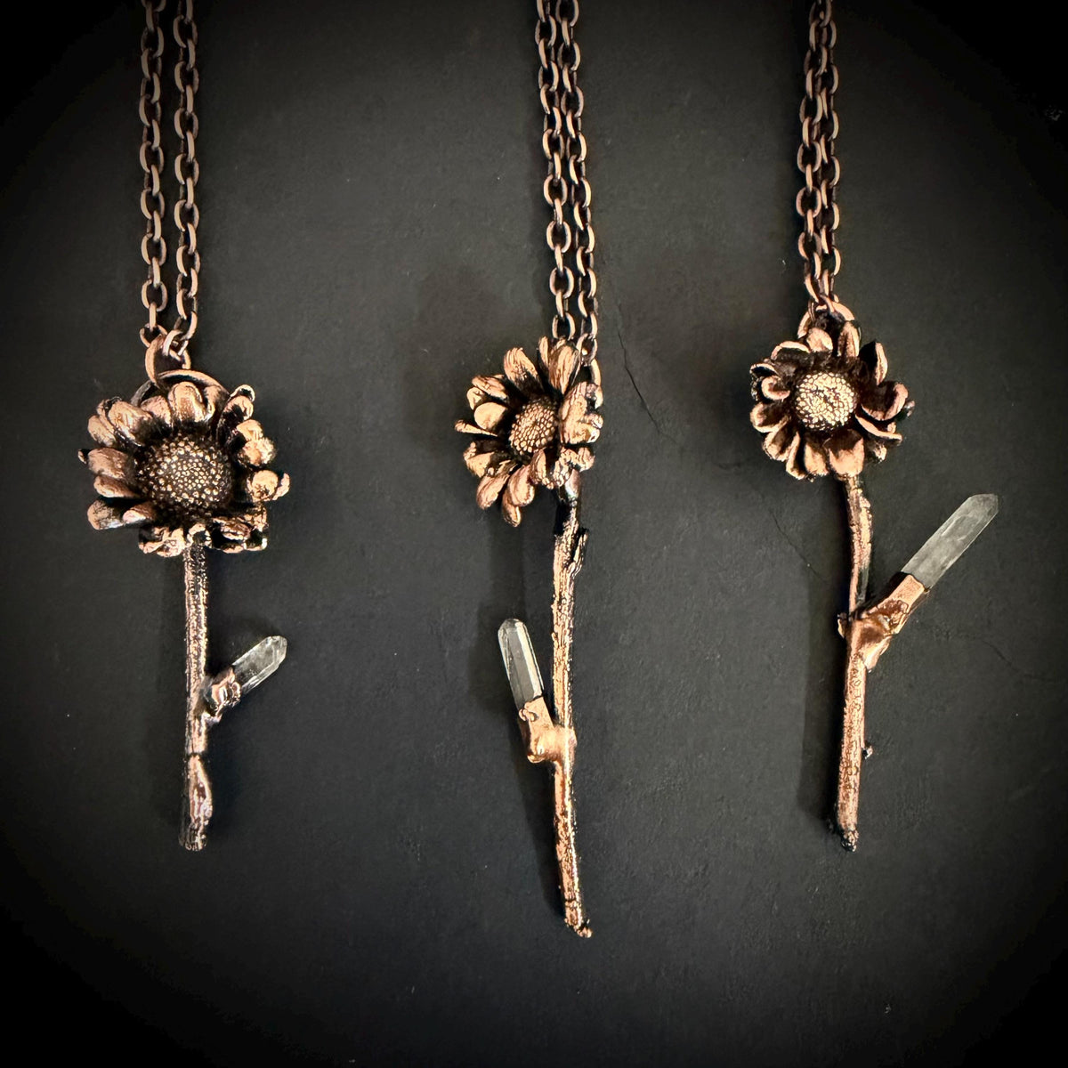 Electroformed Real Flower Necklace with Quartz Crystal | Copper Botanical Pendant | Handmade Nature Jewelry | Boho Necklace