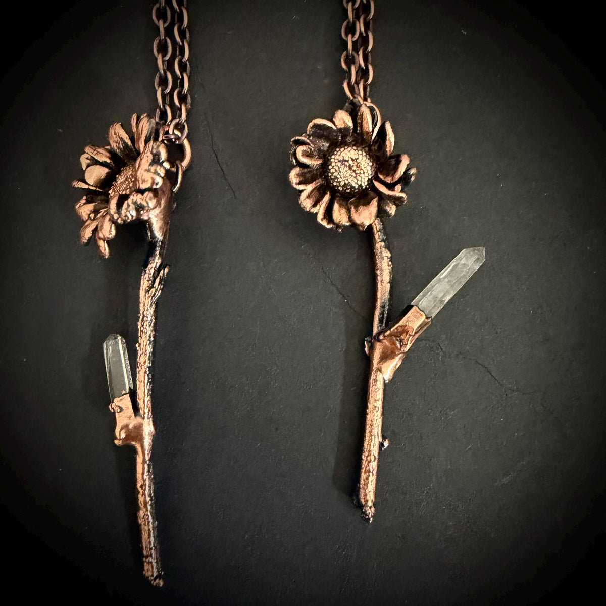 Electroformed Real Flower Necklace with Quartz Crystal | Copper Botanical Pendant | Handmade Nature Jewelry | Boho Necklace