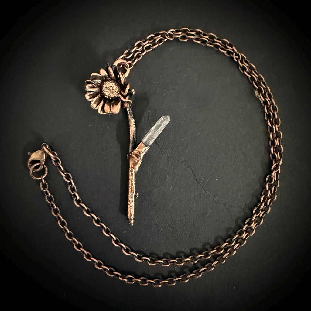 Electroformed Real Flower Necklace with Quartz Crystal | Copper Botanical Pendant | Handmade Nature Jewelry | Boho Necklace