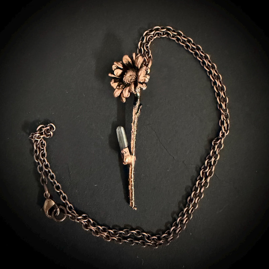 Electroformed Real Flower Necklace with Quartz Crystal | Copper Botanical Pendant | Handmade Nature Jewelry | Boho Necklace