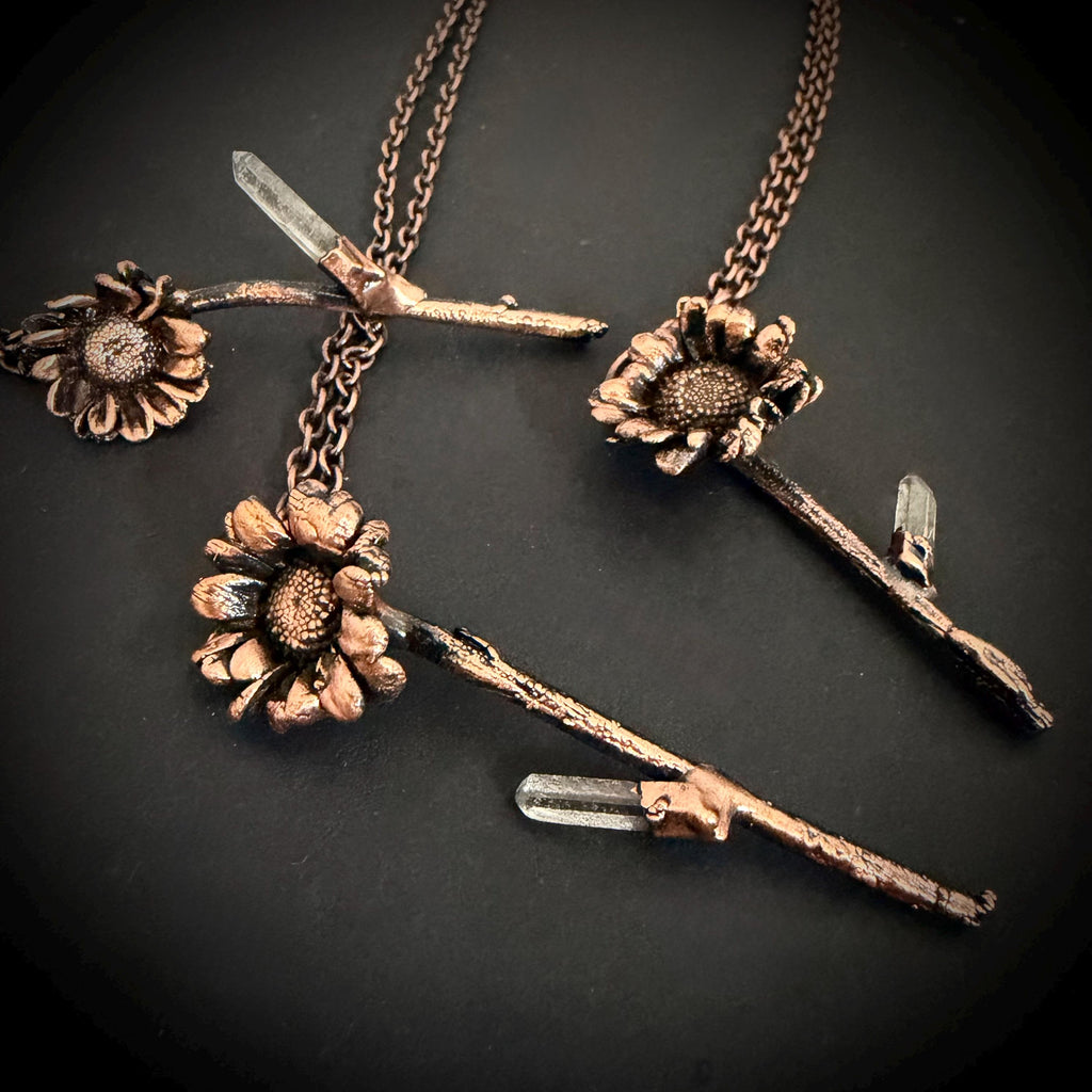 Electroformed Real Flower Necklace with Quartz Crystal | Copper Botanical Pendant | Handmade Nature Jewelry | Boho Necklace