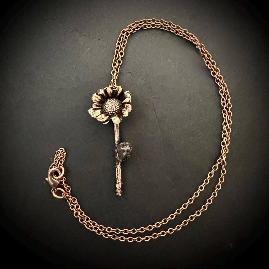 Electroformed Real Flower Necklace with Herkimer Diamond | Copper Botanical Pendant | Handmade Nature Jewelry | Boho Crystal