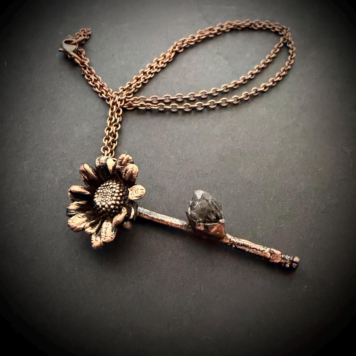 Electroformed Real Flower Necklace with Herkimer Diamond | Copper Botanical Pendant | Handmade Nature Jewelry | Boho Crystal