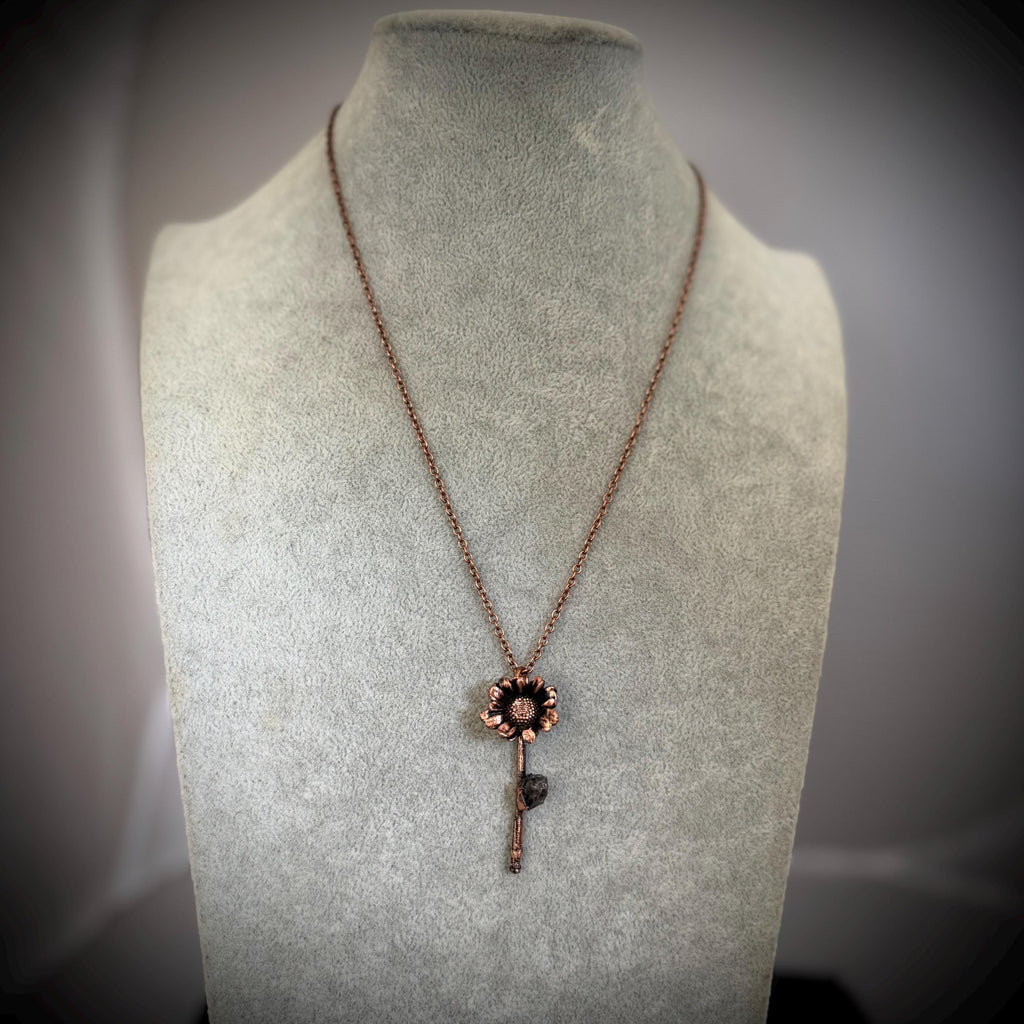 Electroformed Real Flower Necklace with Herkimer Diamond | Copper Botanical Pendant | Handmade Nature Jewelry | Boho Crystal